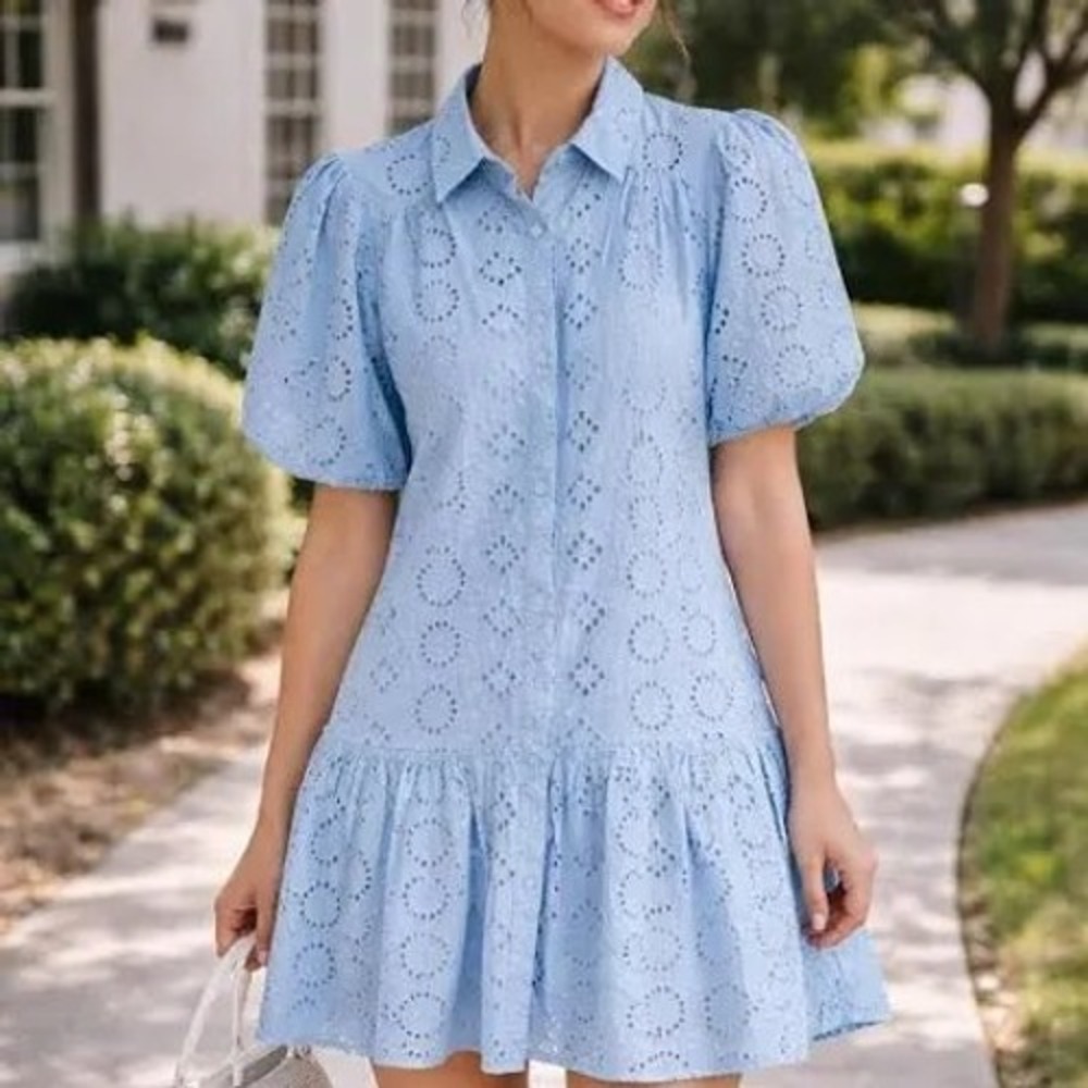 Donna Morgan Blue Eyelet Puff Sleeve Tiered Shirt Mini Dress DX012M-TX Size 6